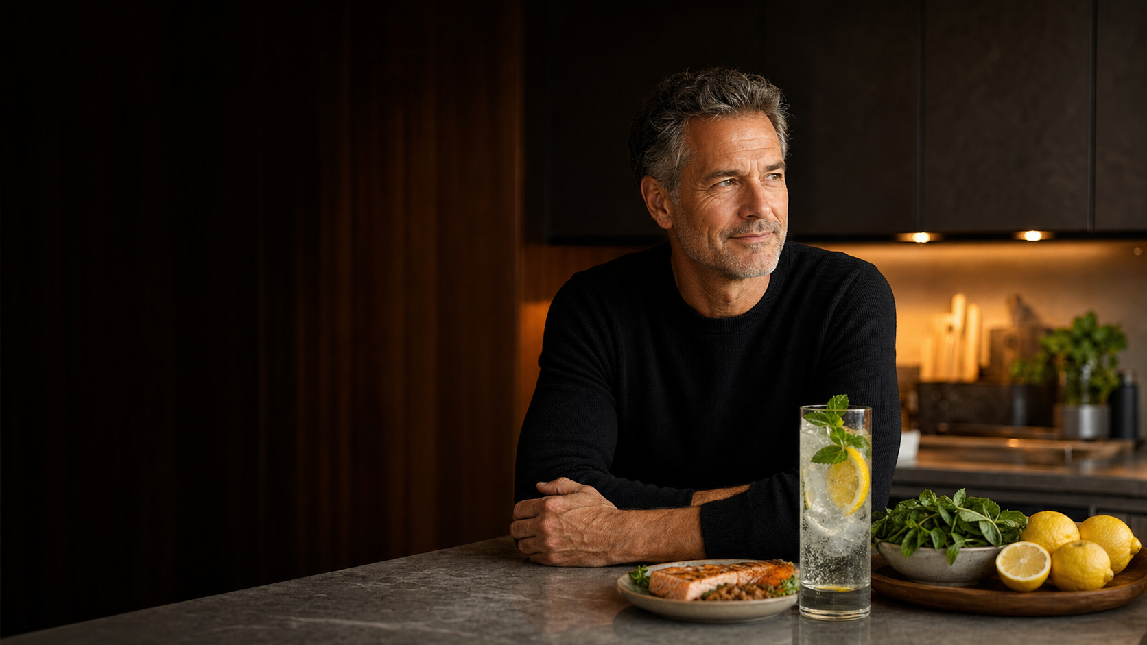 Man in his late fifties with a sparkling lemon-mint drink before dinner