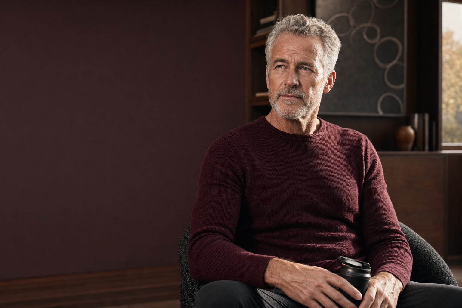 Confident man in his late fifties at home after a morning walk